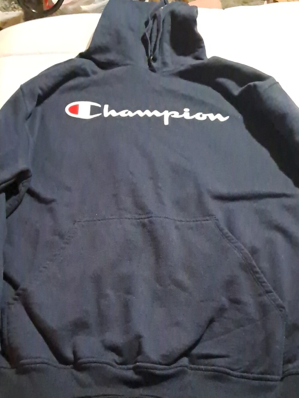 Champion Navy Blue Hoodie with White Script Logo